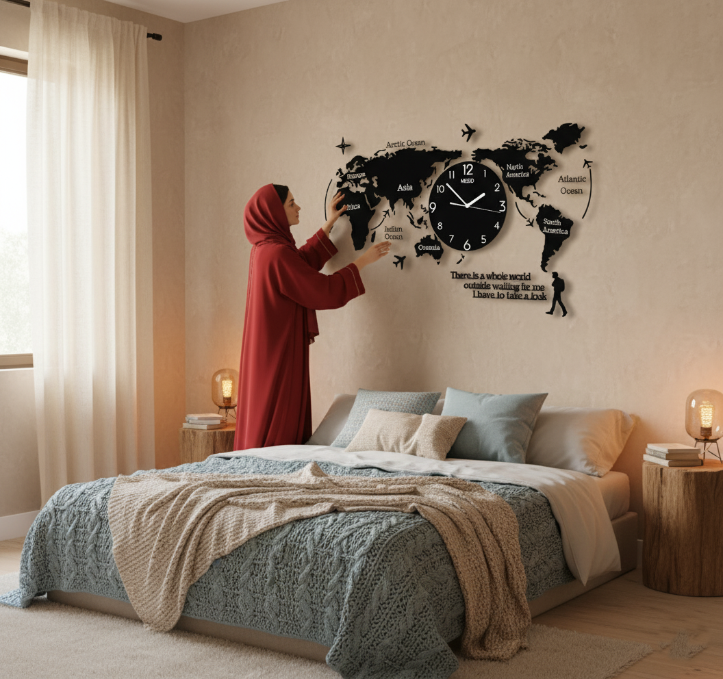 3D Wooden World Map With Esthetic Dial Wall Clock  | Best Quality Wall Clock For Home Decor | Home Decor Clock 40 inch - Without Light