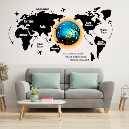 3D Wooden World Map With Esthetic Dial Wall Clock  | Best Quality Wall Clock For Home Decor | Home Decor Clock 40 inch - Without Light